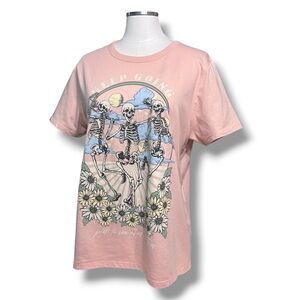 ZOE + LIV Pink Crew Neck Short Sleeve Graphic Top “Keep Going” Skeletons Flowers